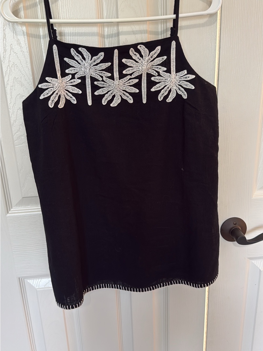 Johnny Was Black Spaghetti-Strap Camisole with White Palm Embroidery